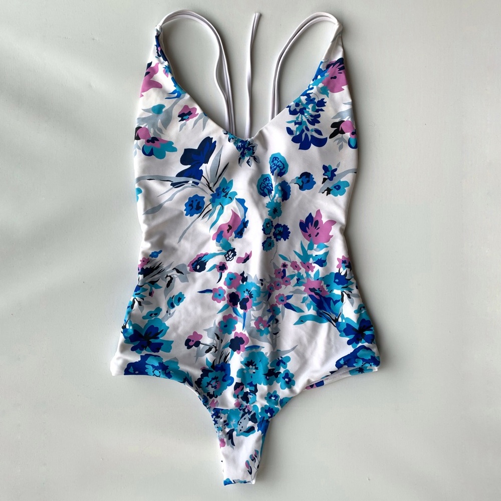 White with Blue Floral Swimsuit Size XS